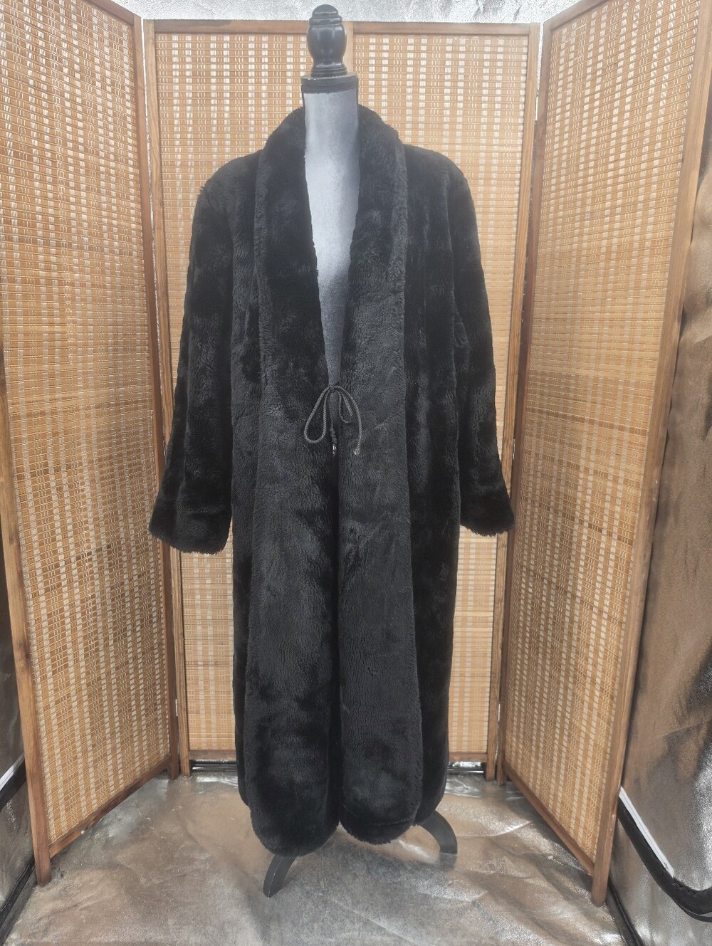 Vintage Lillie Rubin Black Faux Fur Full Length Coat Jacket Tie Waist Large